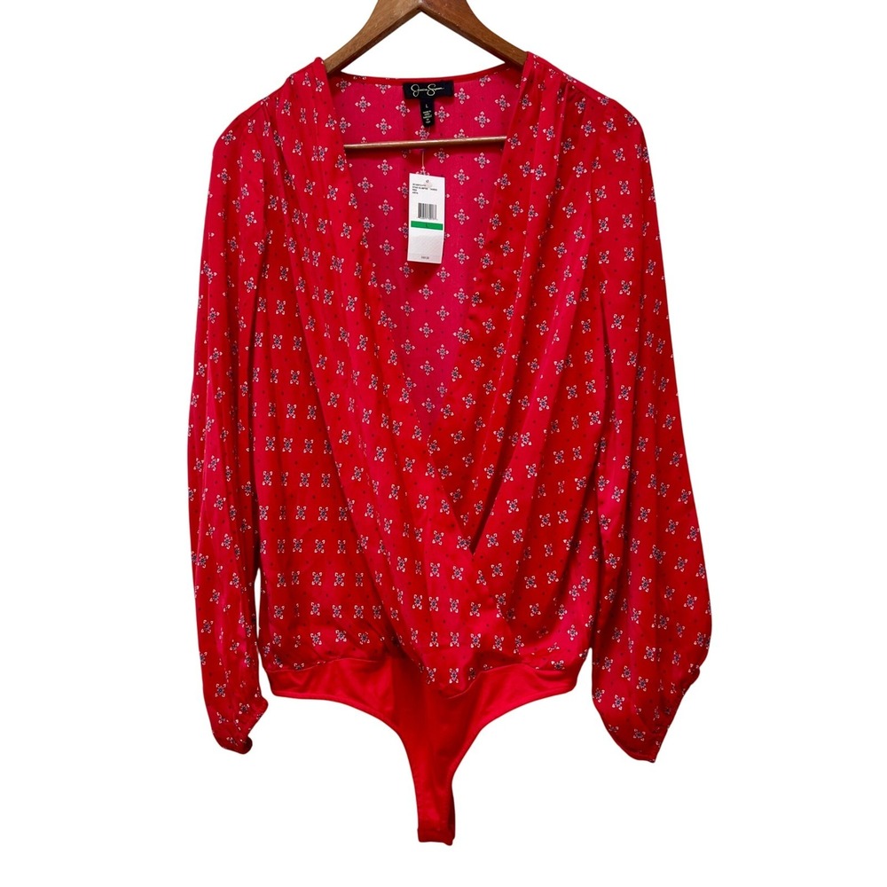 NWT Jessica Simpson Red Floral Print Long Sleeve Bodysuit Size L‎ Dainty Stretch